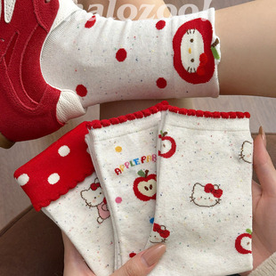 卡通可爱袜子女秋冬款 苹果小猫波点甜美少女风日系女士中筒棉袜