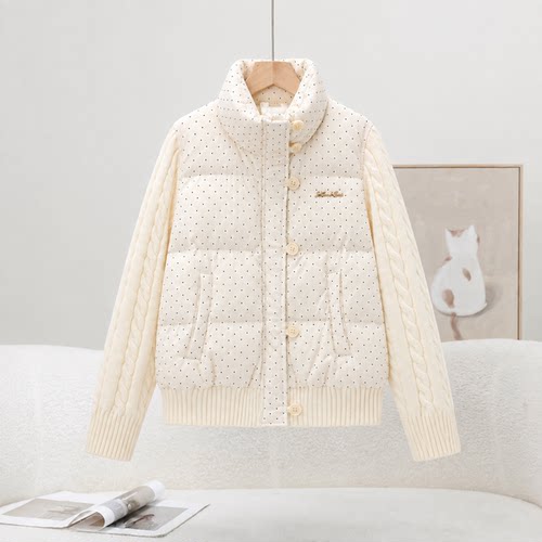 韩版冬季新款羽绒棉针织拼接立领学生棉衣短款外套女大码棉服棉袄