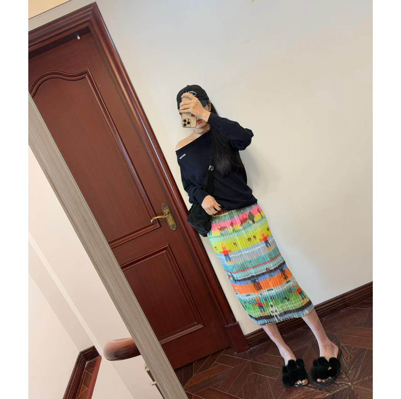 现货~少量无补！z单！超治愈！~s~s 趣味印花手工压褶松紧腰半裙