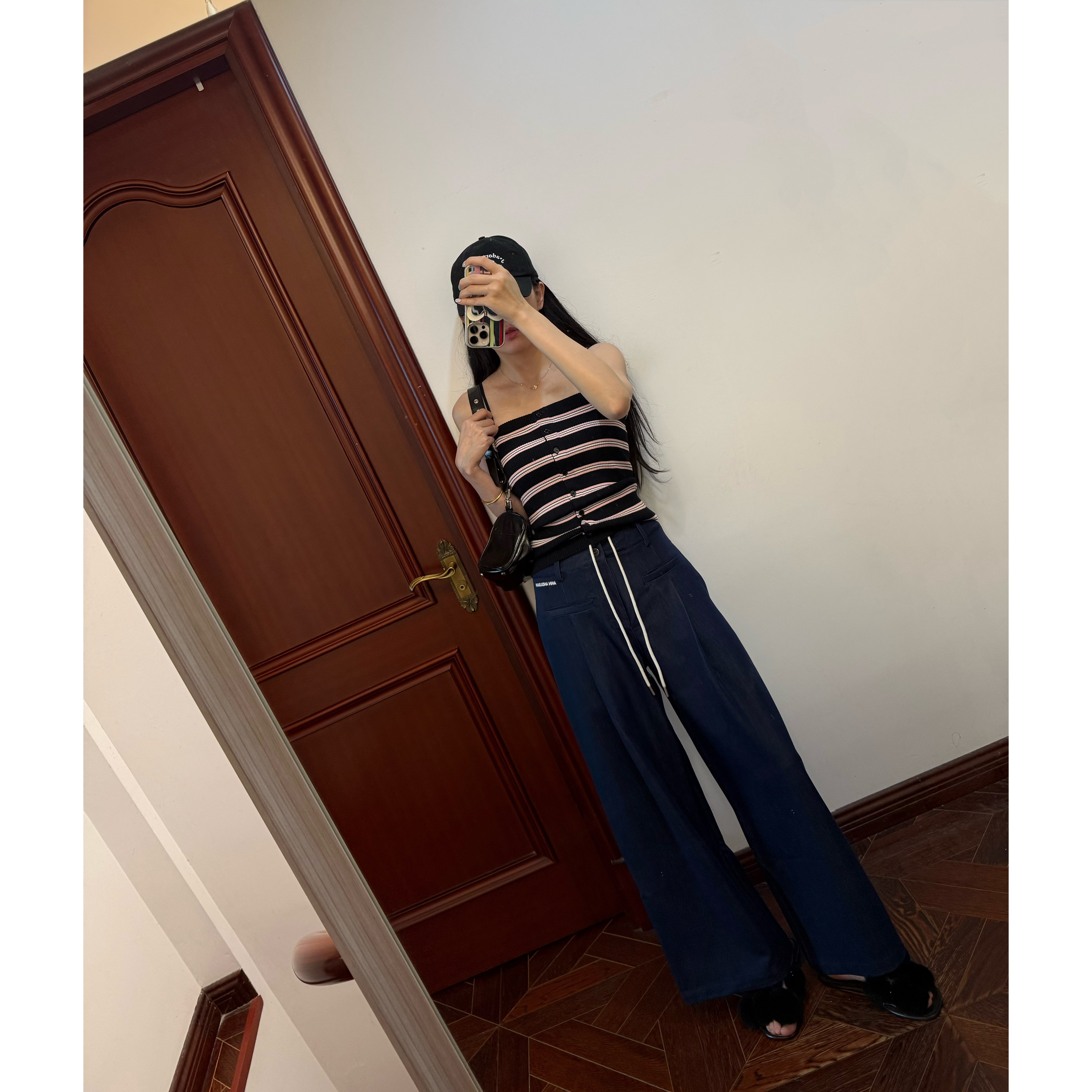 现货~M针织抹胸吊带衫+设计师线双腰宽松直筒抽绳阔腿裤