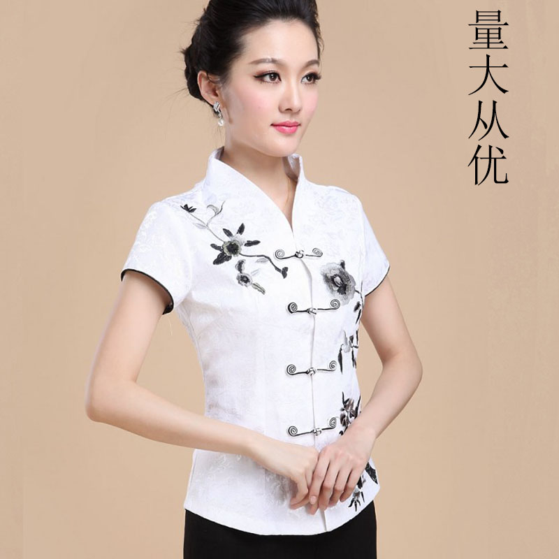 中年短袖刺绣民族风棉麻妈妈装