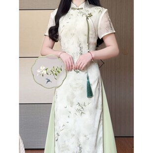 新中式国风改良旗袍2026年春夏季新款绿色素雅奥黛淑女范连衣裙