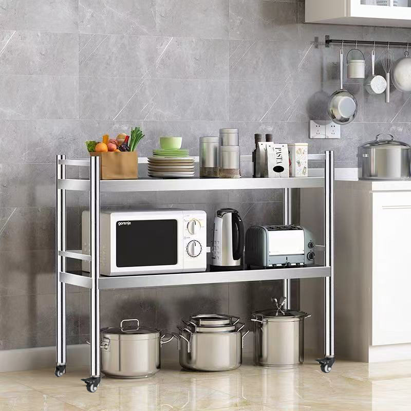 两层304不锈钢厨房置物架米面收纳架夹缝置物架双层带轮子可移动