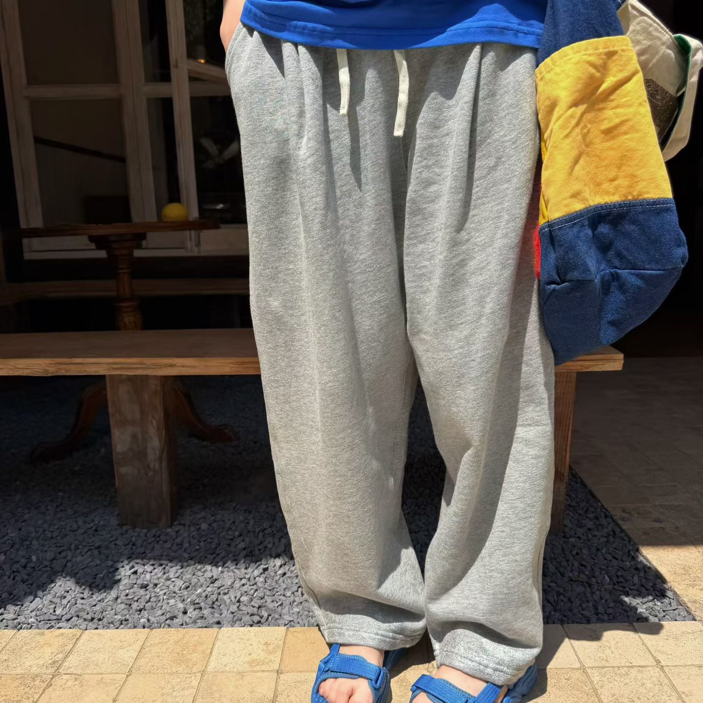 儿童春夏直筒灰色运动裤大童字母刺绣复古银粉毛圈洋气休闲阔腿裤