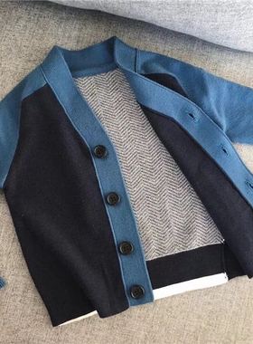 Tenny自制 秋冬款男女童羊毛混纺拼色后背斜纹针织开衫外套 亲子