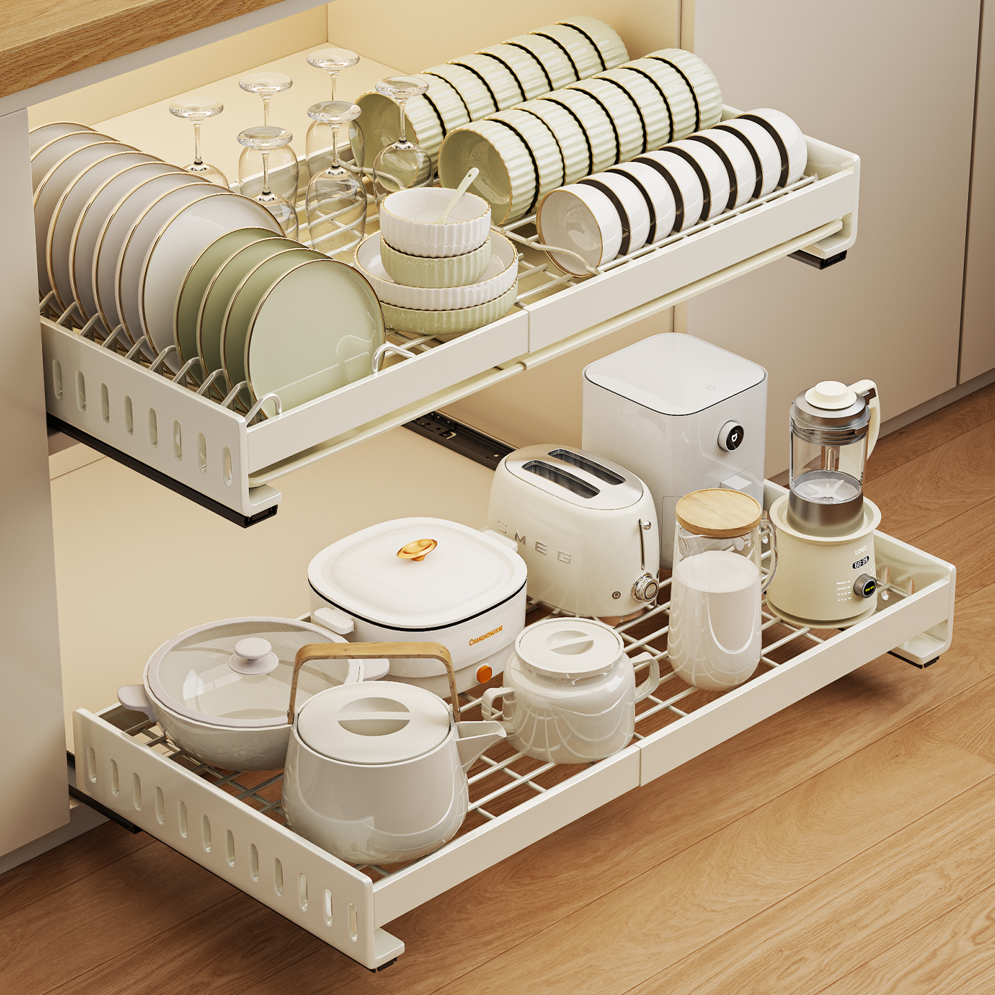 橱柜拉篮厨房抽屉式碗碟收纳架免打孔可伸缩置物架家用碗盘沥水架