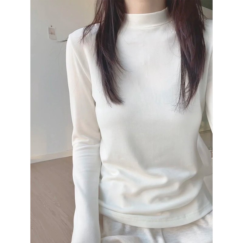 白色小立领打底衫女秋冬天德绒保暖内搭修身显瘦正肩长袖T恤上衣
