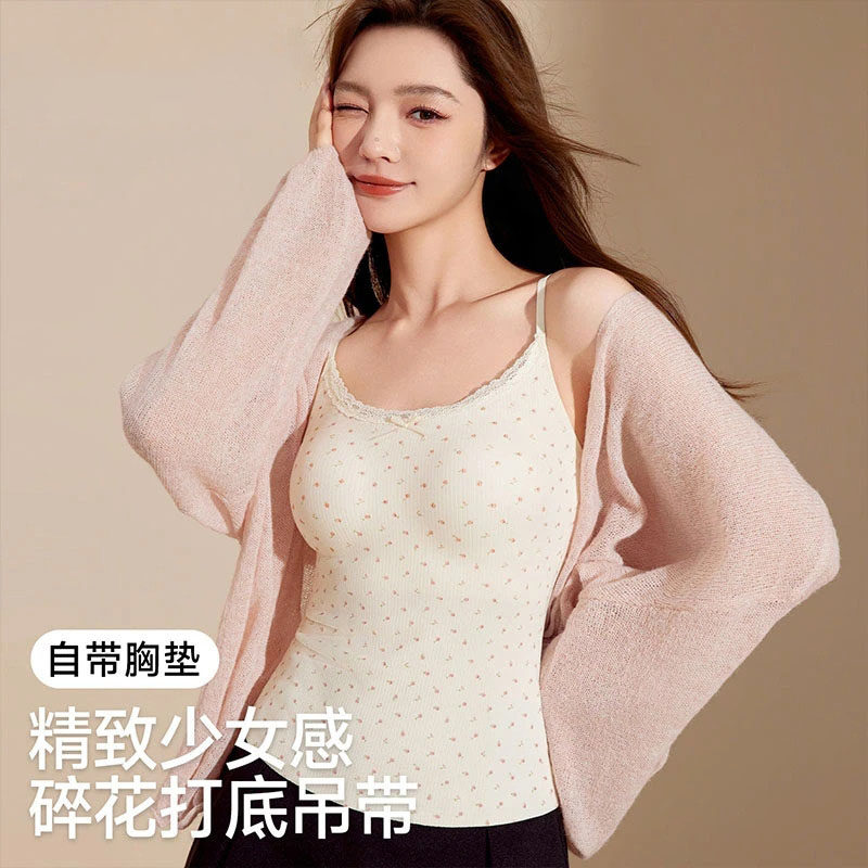 碎花磨毛女吊带背心带胸垫秋冬