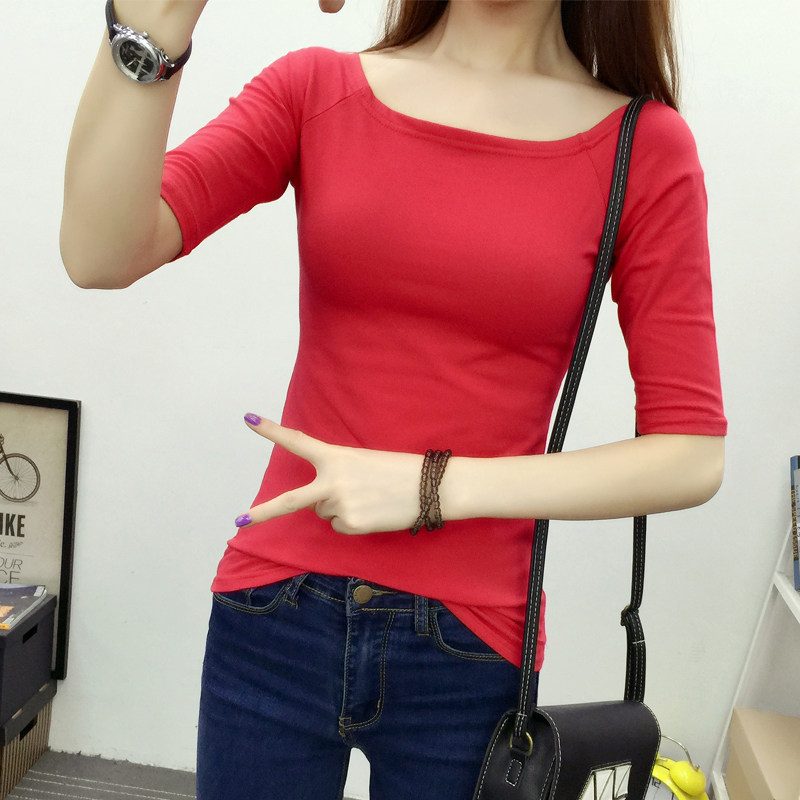 2019春秋季新款純棉壹字領露肩上衣五分袖壹字肩t恤女長袖打底衫在類目 女裝/女士精品, T恤中 - 來自Buy2taobao.com提供專業的淘寶代購服務