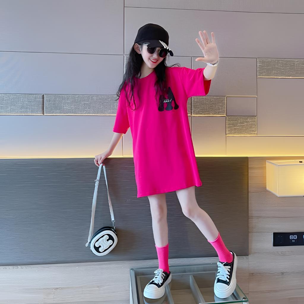 女童装时尚简约潮牌短袖纯棉T恤2025夏款时髦洋气宽松中长款上衣