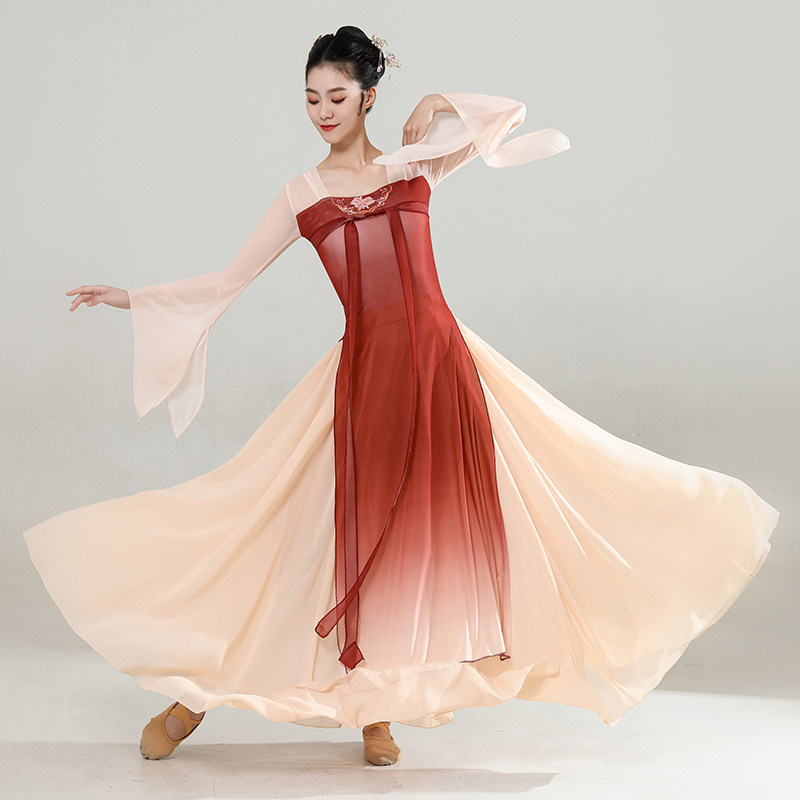 醉红妆古典舞蹈练功服女身韵飘逸齐胸长款纱衣中国民族舞蹈套装