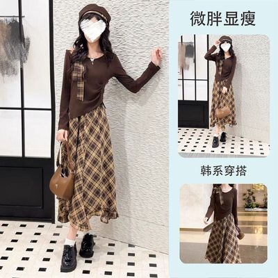 不规则斜肩长袖上衣雪纺格纹半身裙女套装薄款2025早秋新款