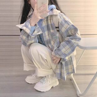 少女范磨毛格子衬衫女春秋小清新学院风上衣内搭慵懒衬衣外套学生