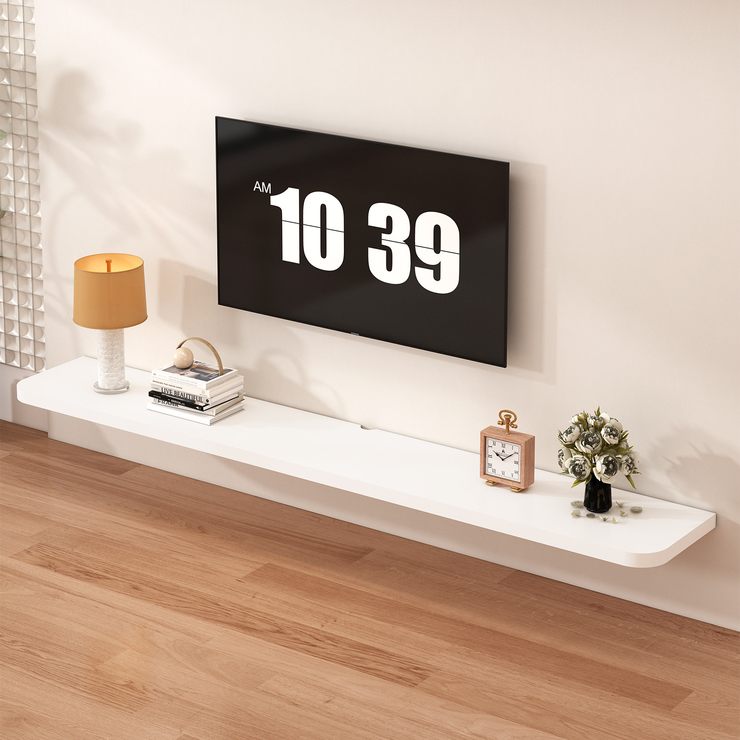 实木生态一字隔板电视机顶盒置物架背景墙搁板电视柜简约现代民宿