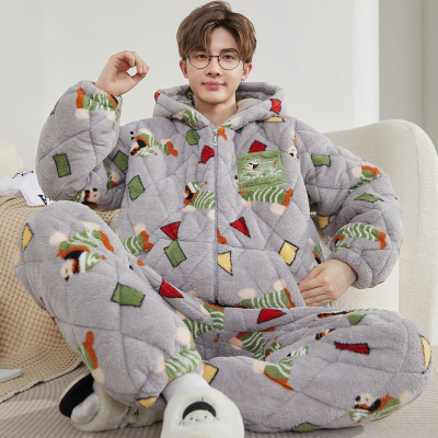 男士珊瑚绒三层夹棉加厚加绒睡衣