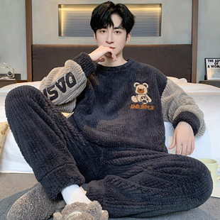 睡衣男士珊瑚绒秋冬季加厚加绒保暖法兰绒冬款男孩大码家居服套装