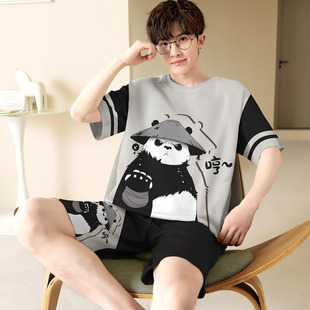 男士夏天纯棉短袖睡衣大孩童青少年初高中学生宽松薄款加大码熊猫