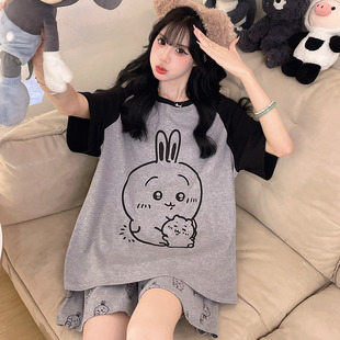 家居服套装 少女睡衣夏季 胖mm休闲韩版 纯棉卡通宽松薄款 甜美加大码