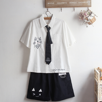 可爱男女同款学院风夏季另类JK领带套装猫咪刺绣emow裤DK软妹衬衫