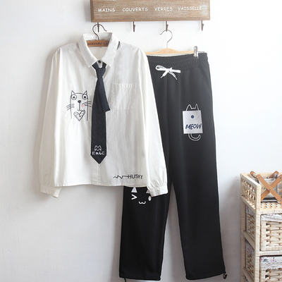 男女同款可爱减龄领带DK猫刺绣长袖春秋衬衫长裤套装小清新ins服