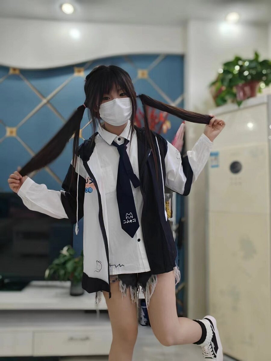男女同款ins可爱个性拼色猫老鼠印花夏季薄外套耳朵连帽防晒衣