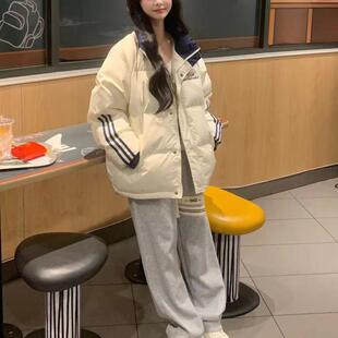 浅杏色拼接撞色条纹三杠立领棉服女冬季新款保暖宽松百搭学生外套