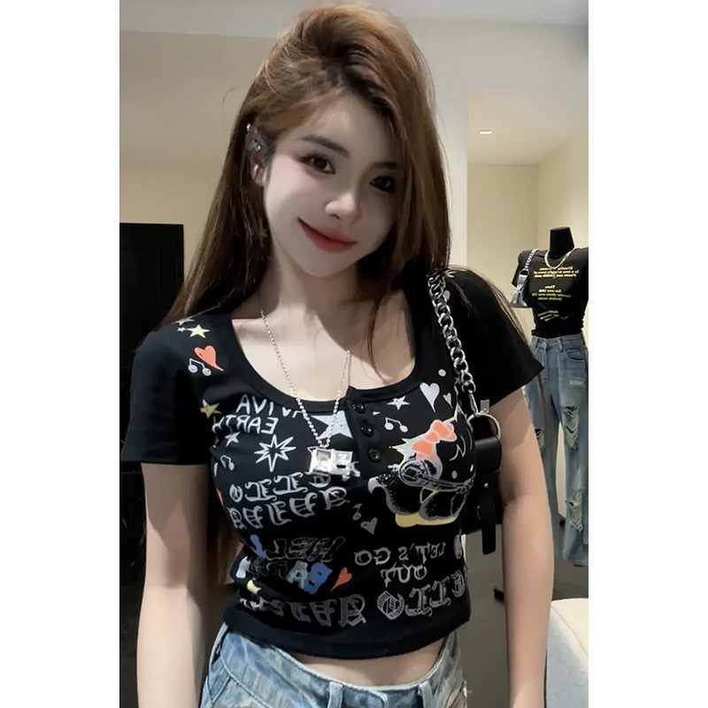 纯欲风方领设计涂鸦猫咪短袖T恤女2024夏季新款紧身显瘦短款上衣