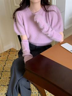 短袖袖套毛衣女早春小众设计感别致复古温柔风泡泡袖短款针织上衣