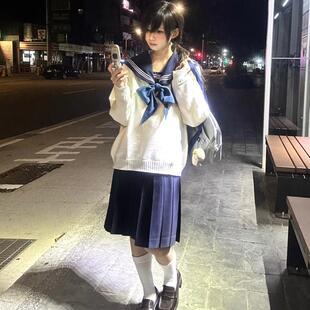 原创JK制服毛衣外套女叠穿长袖上衣学院风V领白色套头甜美针织衫