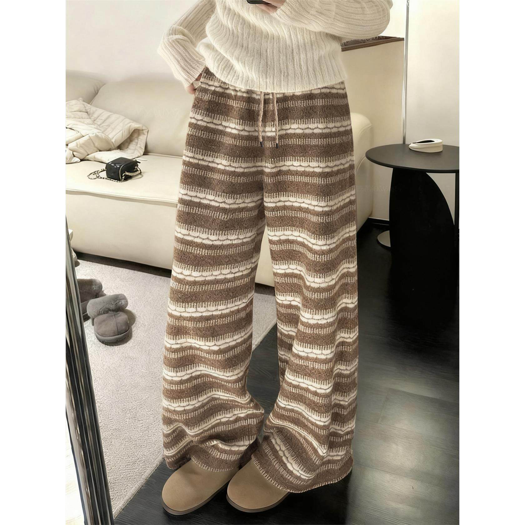 咖色费尔岛提花条纹裤女秋冬宽松慵懒松弛感加绒毛呢休闲阔腿裤子,女装/女士精品,休闲裤,淘宝优惠券,粉丝福利购,淘宝优惠卷