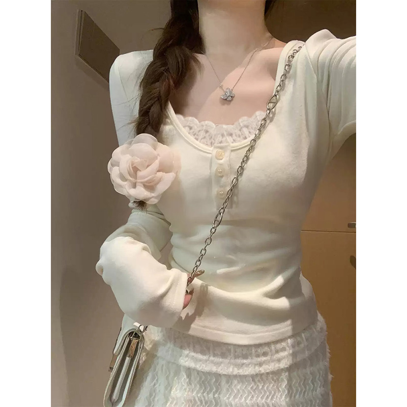 蕾丝花边u领正肩打底衫女