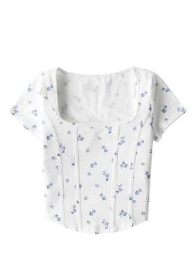 Holister2023小海鸥春夏季方领鱼骨修身显瘦短袖上衣短款T恤女装