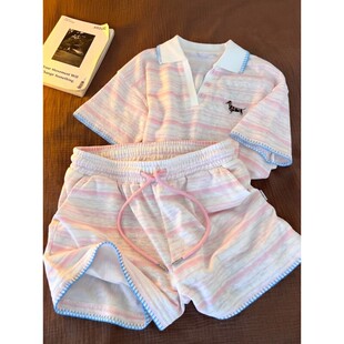 宽松条纹翻领衬衫短袖睡衣女款夏季新款薄款短裤家居服套装可外穿