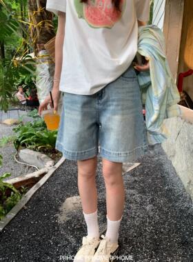 PPHOME自制~藏肉神裤 浅蓝色牛仔五分裤高腰显瘦宽松直筒阔腿中裤