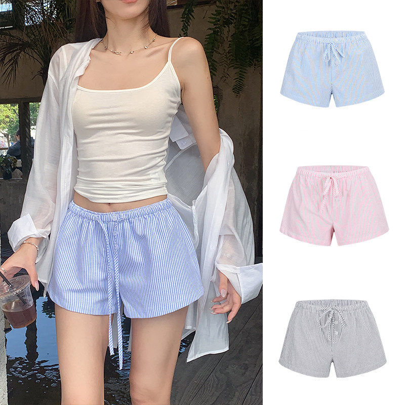 夏季新款时尚女王蓝色条纹绑带低腰短裤外穿宽松阔腿居家休闲裤