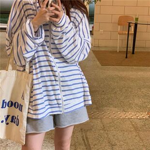 春季新款条纹连帽薄款冰凉外套2024韩版宽松开衫防晒衣女学生外穿