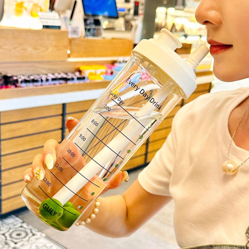 夏天玻璃杯大容量果汁杯高颜值新款水杯个性刻度女生吸管杯子高级