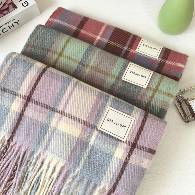 学生格子围巾小众流苏冬季围巾冬新款保暖情侣围脖多巴胺紫色围巾