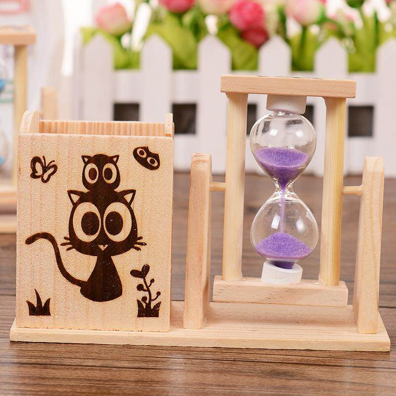 卡通印画笔筒流沙木质摆件 办公沙漏计时器 创意礼物生日节日礼品