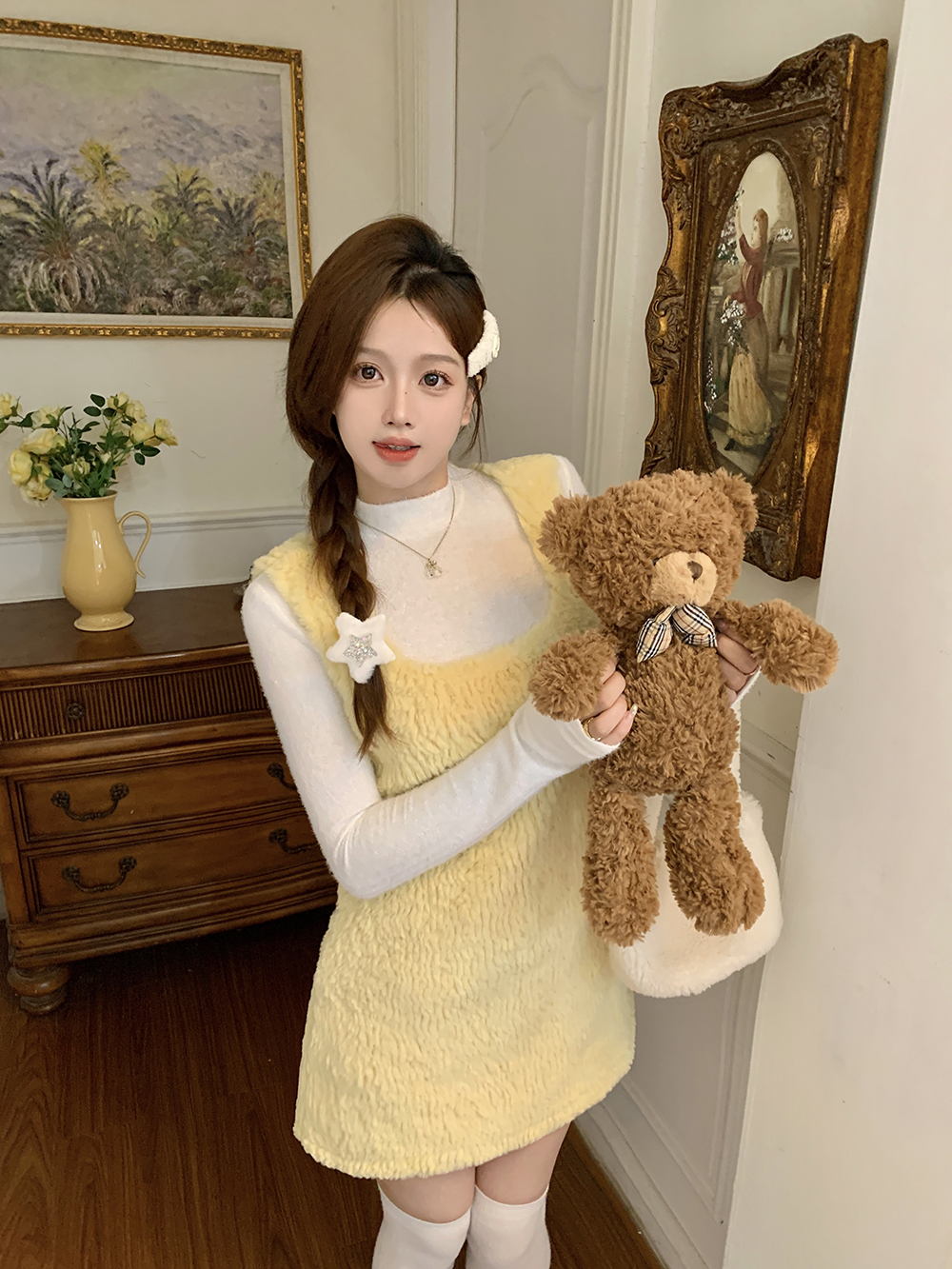 小个子XXS码仿兔毛背心裙