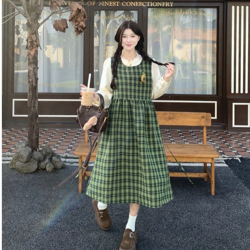 小慧姑娘XXS码小个子韩系穿搭套装格子背心连衣裙磨毛衬衣两件套