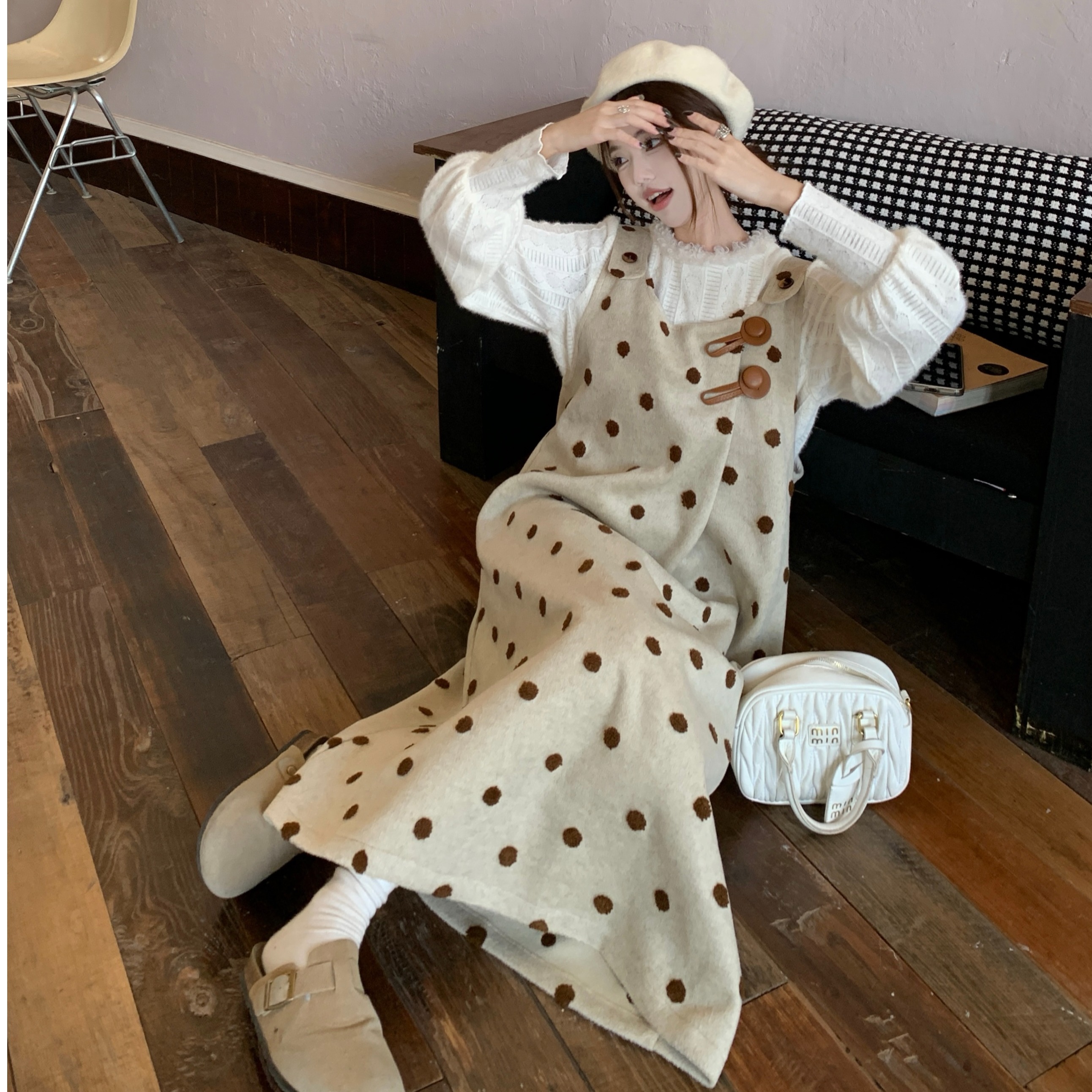 小慧姑娘XXS码XS码小个子复古秋冬波点刺绣毛呢背心裙毛绒套装