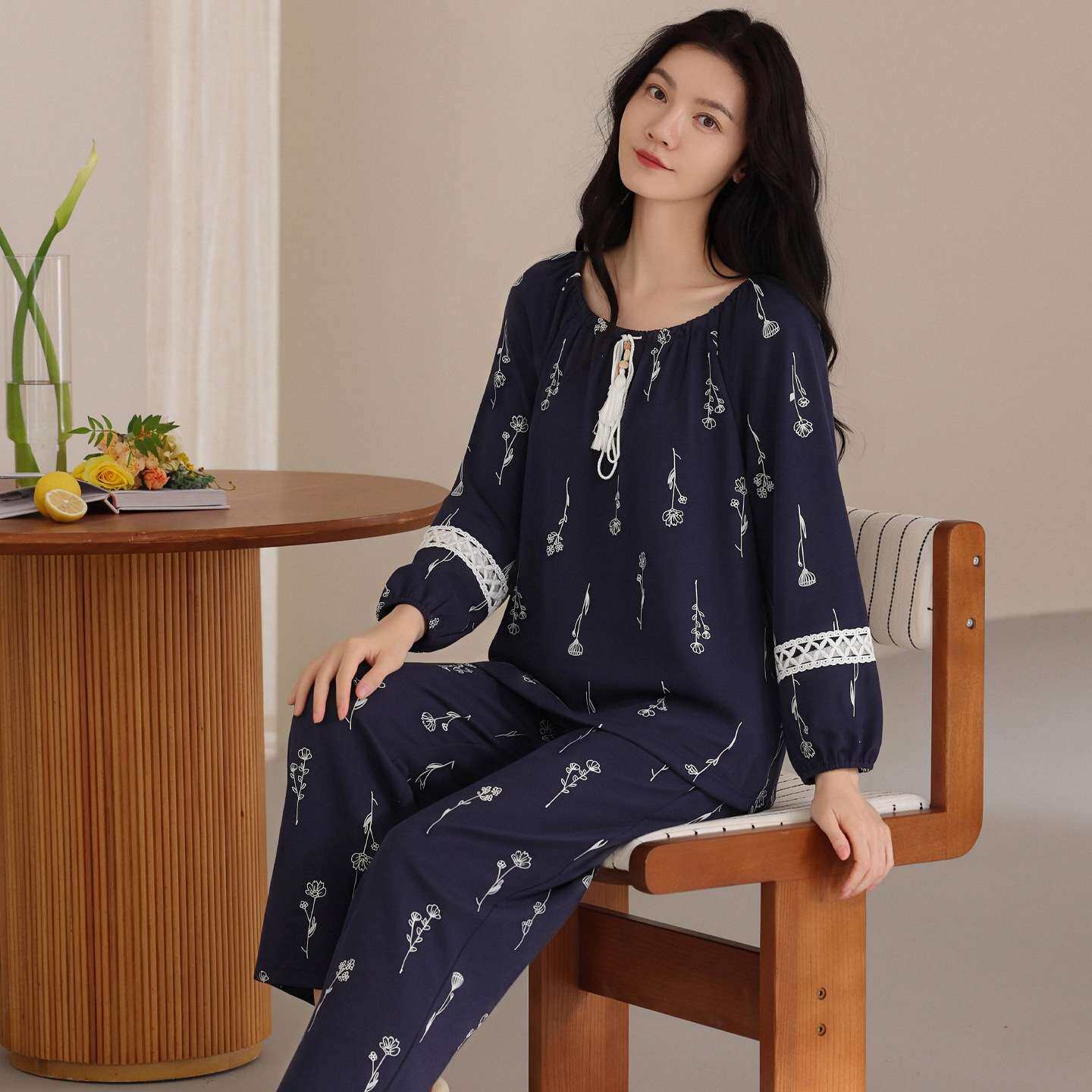 官方纯棉睡衣女士秋季长袖甜美碎花花边大码家居服高级感套头春秋