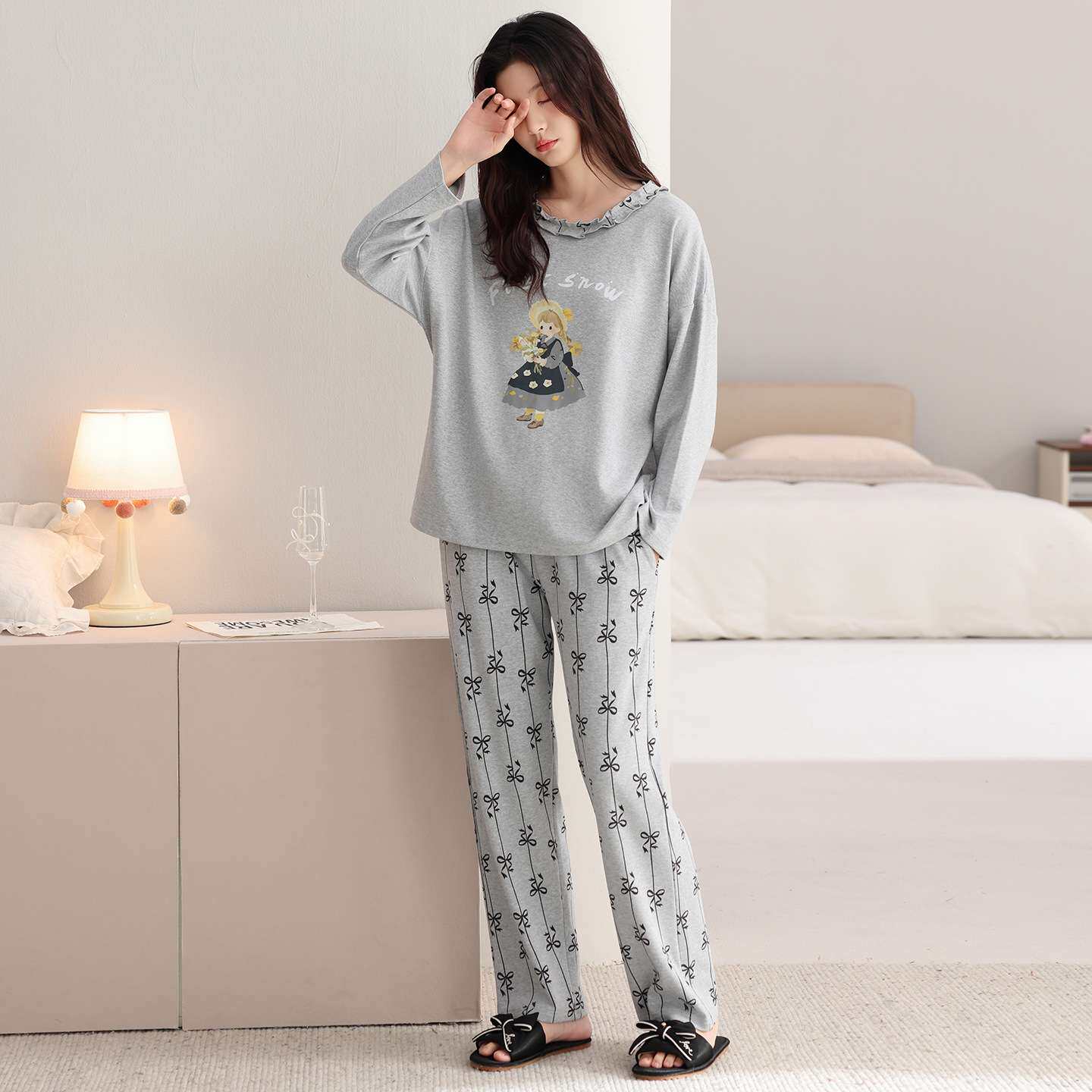 官方睡衣女士春秋季秋款纯棉长袖长裤家居服休闲胖mm大码灰色圆领