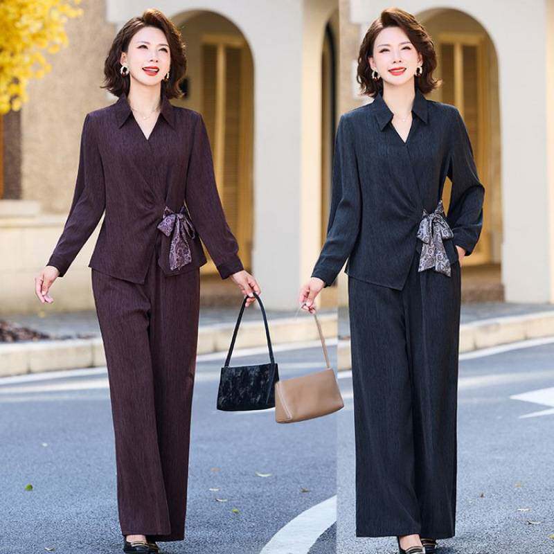 官方妈妈早春时尚套装轻职女装风阔新款简约长袖简风衬衫休闲两件