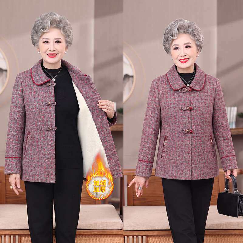 官方奶奶2026新款装翻领碎花外套中老年女装时尚洋气加绒加厚外套