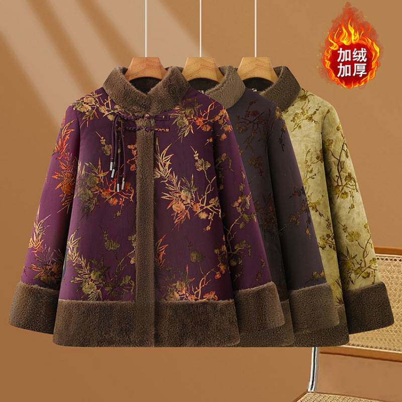 官方中老年女士冬季加绒加厚保暖棉服宽松大码外套妈妈装中式复古