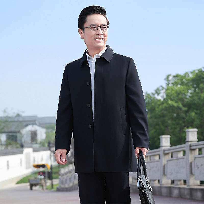 官方春秋季中长款薄款中年男式外套夹克风衣中老年男装爸爸装