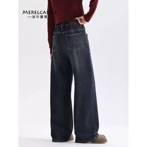 官方女童加绒牛仔裤2025新款初中生女孩阔腿裤女大童加厚裤子外穿