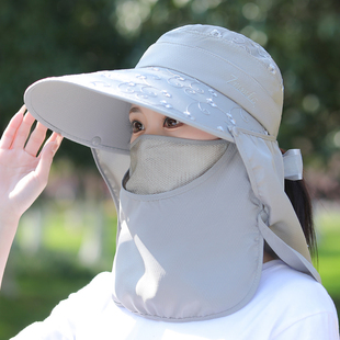 防晒帽子遮脸防紫外线女遮面太阳帽面罩遮脖子全脸护颈采茶遮阳帽